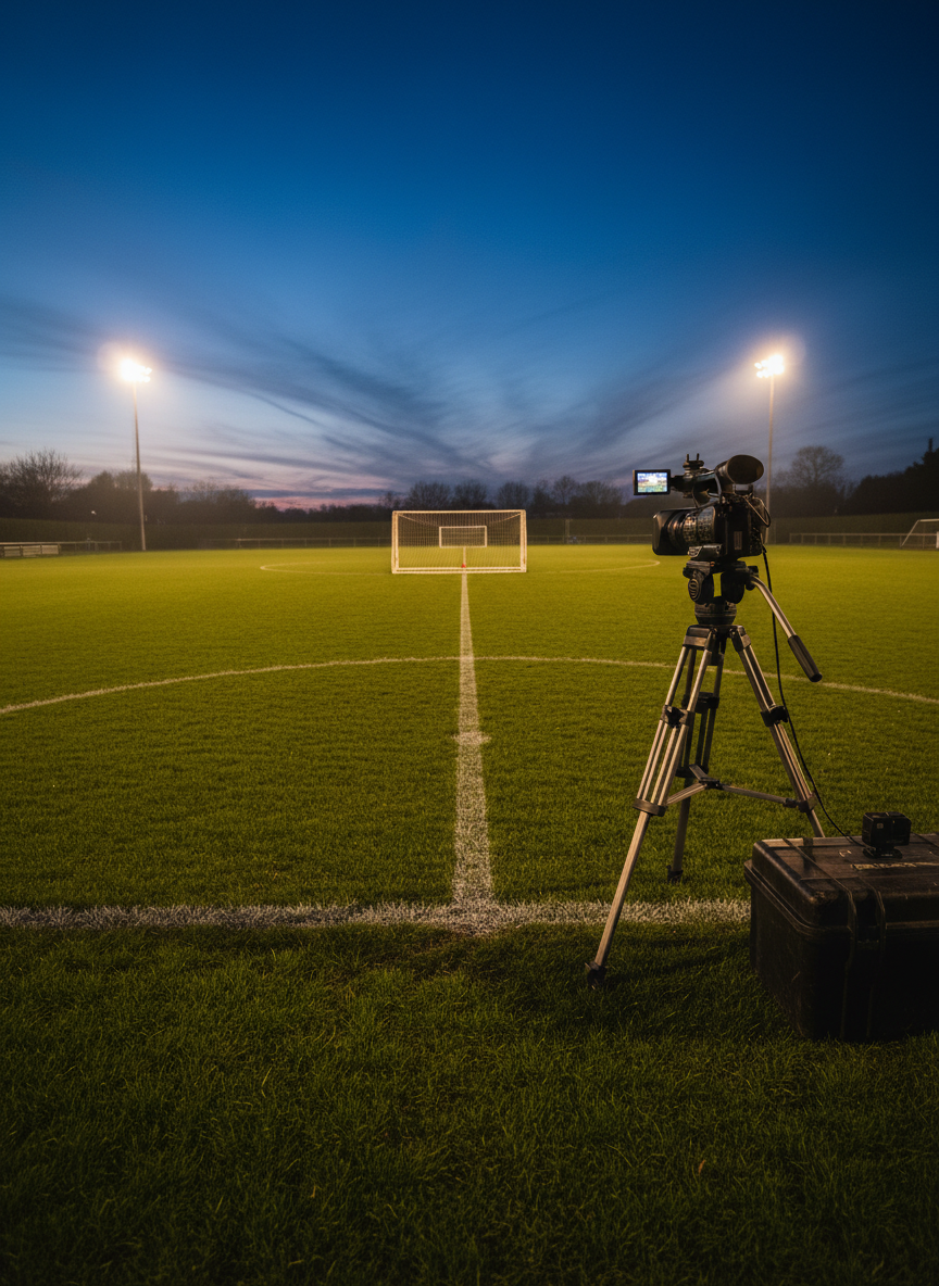 A floodlit grassroots football pitch at dusk, viewed from the halfway line with crisp white markings leading into the distance. Along one touchline, a sturdy tripod-mounted video camera points towards a small goal, with a second compact action camera resting on a nearby equipment case, hinting at multi-angle recording. Cool blue evening sky contrasts with the warm golden glow of the stadium-style lights, creating long, dramatic shadows on the textured grass. Photographic realism, captured at eye level with a wide-angle lens, emphasizing depth and space. The mood is professional yet authentic, showcasing the environment where referees and footballers capture footage to build their video portfolios and analyse performance.