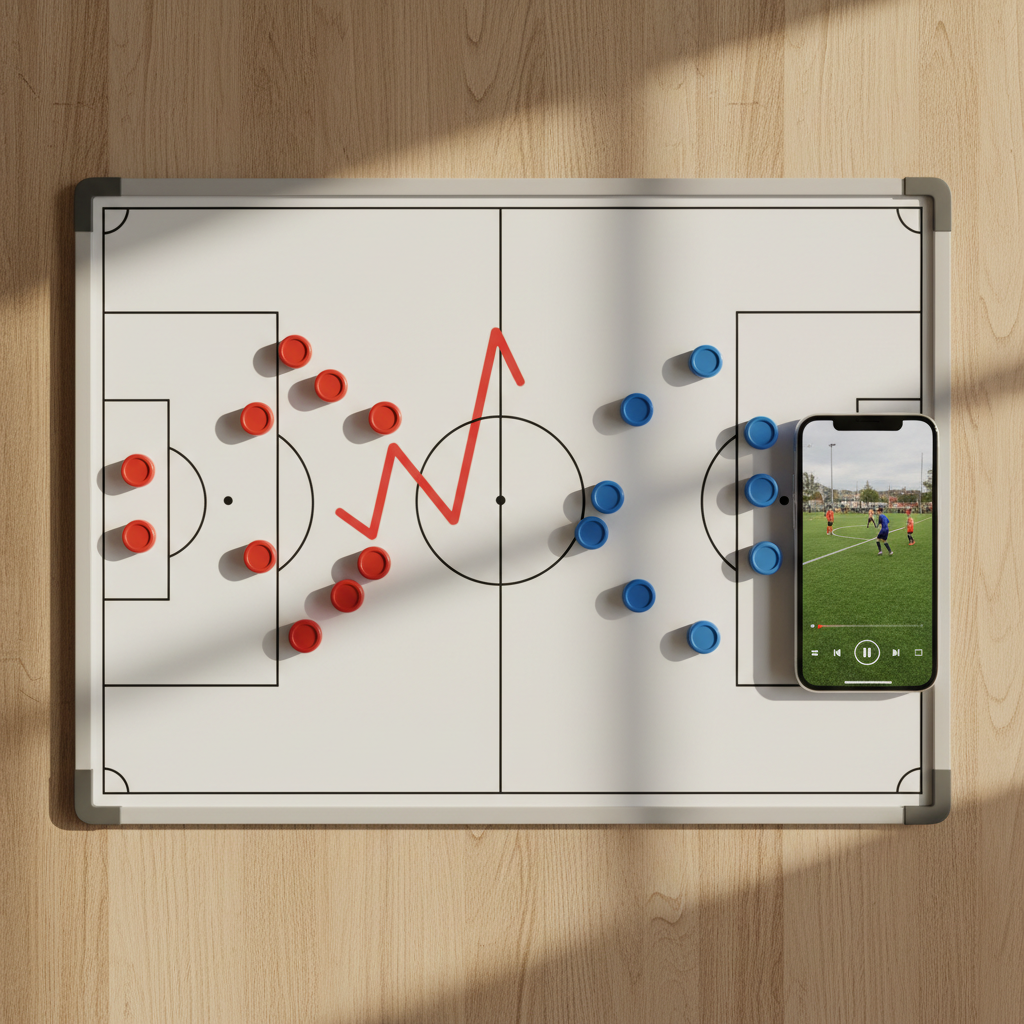 A dynamic top-down view of a tactical whiteboard on a light oak table, featuring small magnetic discs arranged in two football formations and a bold central line indicating the referee’s movement path. Beside the board lies a slim smartphone displaying a vertical video of a grassroots match, with a clean interface of play, pause, and timeline controls but no text. Soft afternoon window light from the right casts delicate shadows of the discs and phone, adding depth without distraction. Photographic realism, sharp focus and balanced composition create a professional yet approachable atmosphere. The scene visually links classic coaching tools with modern video portfolios, highlighting thoughtful analysis of positioning, decisions, and overall development.