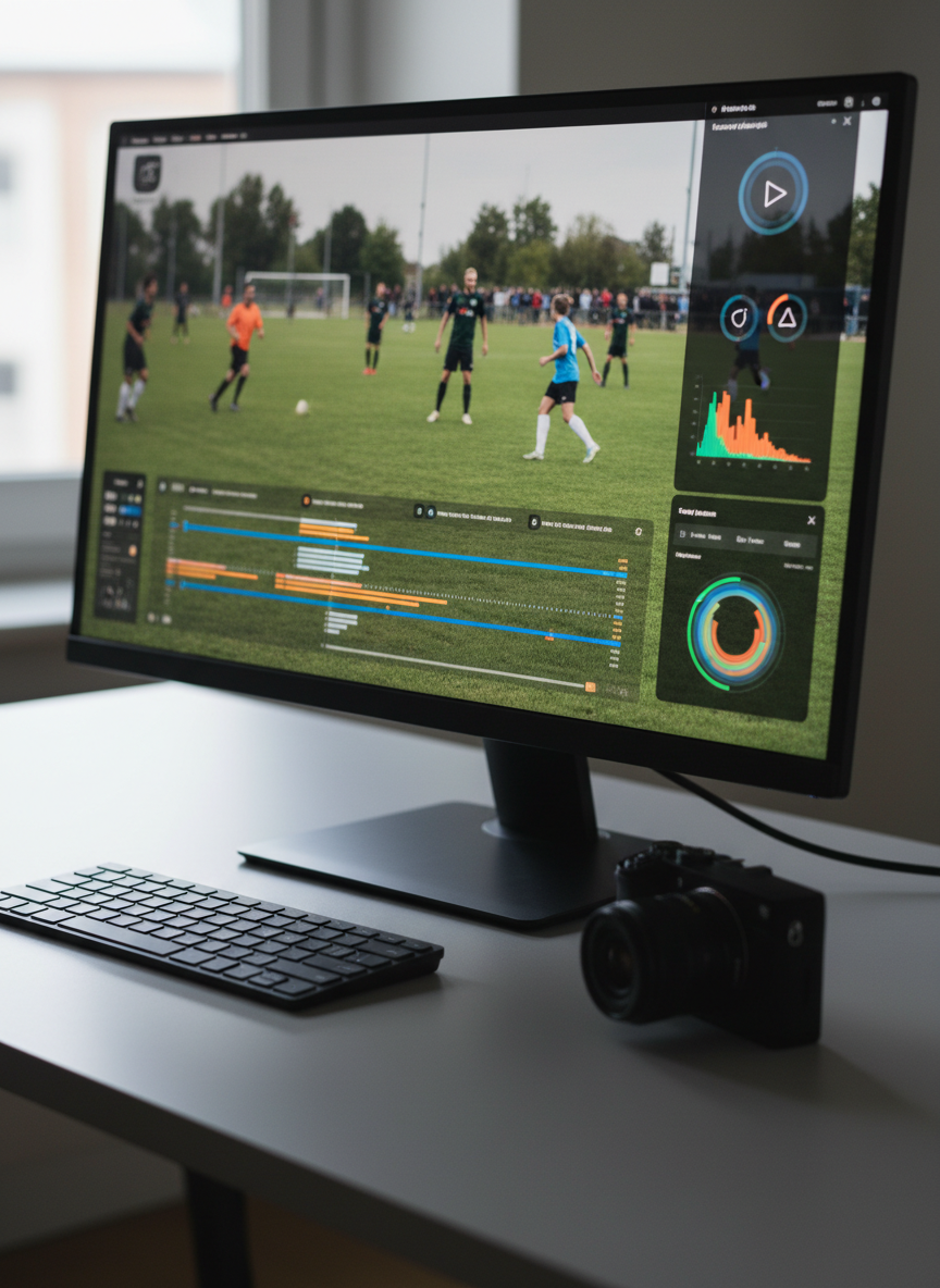 A sleek, modern desktop setup displaying a paused grassroots football match on a high-resolution monitor, with a video analysis dashboard overlay showing timelines, icons, and abstract performance metrics instead of text. The screen is the clear focal point, surrounded by a minimalist black keyboard, a compact camera placed on the desk, and a clean, matte-grey surface. Soft, diffused daylight from an unseen window to the left creates gentle reflections on the screen and subtle shadows under the objects. Photographic realism, shot from a slightly elevated three-quarter angle with a shallow depth of field, keeps the background softly blurred, conveying a professional, focused atmosphere ideal for video portfolio review and development tracking.