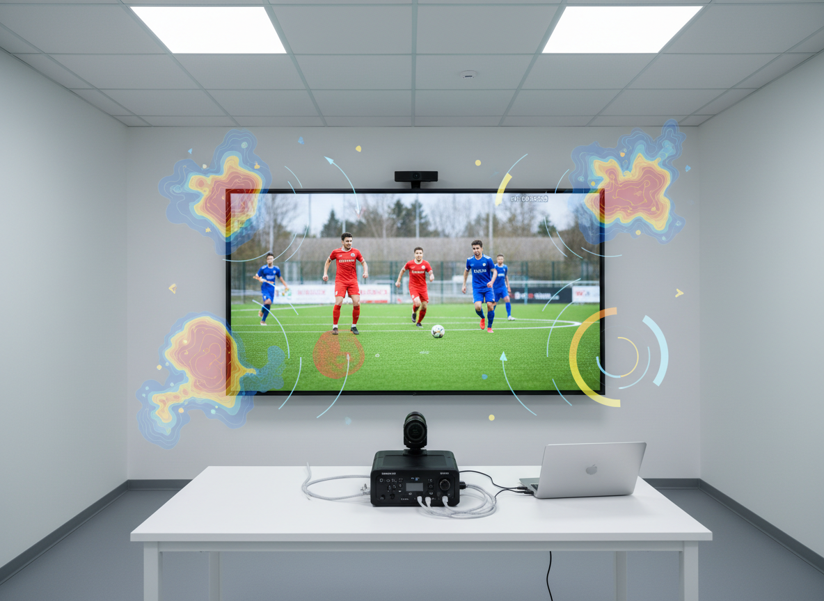 An indoor training analysis space featuring a large wall-mounted flat screen playing a slowed-down replay of a grassroots football sequence, surrounded by floating, semi-transparent graphical overlays representing heat maps, movement arrows, and timing markers, all designed without text. In front of the screen sits a compact, professional-looking video capture device on a white table, connected by neat cables. Cool, even overhead lighting illuminates the room, creating minimal shadows and a clinical, high-tech feel. Photographic realism, shot straight-on with balanced composition and sharp focus throughout. The atmosphere is precise and data-driven, emphasizing the performance analysis side of video portfolios for both referees and players.