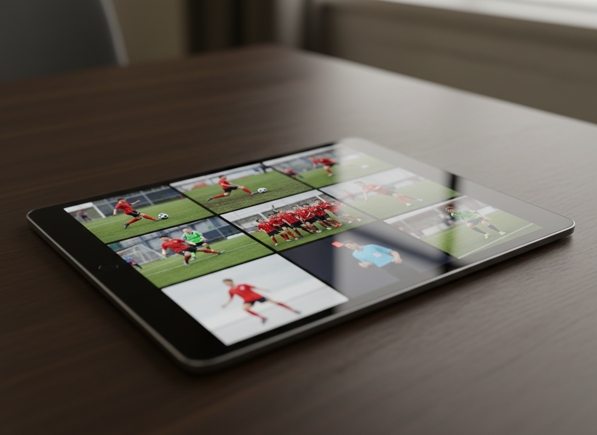 A close-up, over-the-shoulder style view of a modern tablet lying flat on a dark wooden table, its screen displaying a clean, grid-based interface of football video thumbnails. Each thumbnail shows a small still frame of grassroots action, goals, tackles, and referee decisions, without any visible text. Subtle reflections ripple across the glass surface under soft studio lighting, with one directional light source from the upper right creating gentle highlights and crisp, controlled shadows. Photographic realism, shot from a low, tight angle with shallow depth of field, leaving the background dissolving into smooth bokeh. The overall mood is organized, modern, and analytical, spotlighting the concept of curated video portfolios for development tracking.