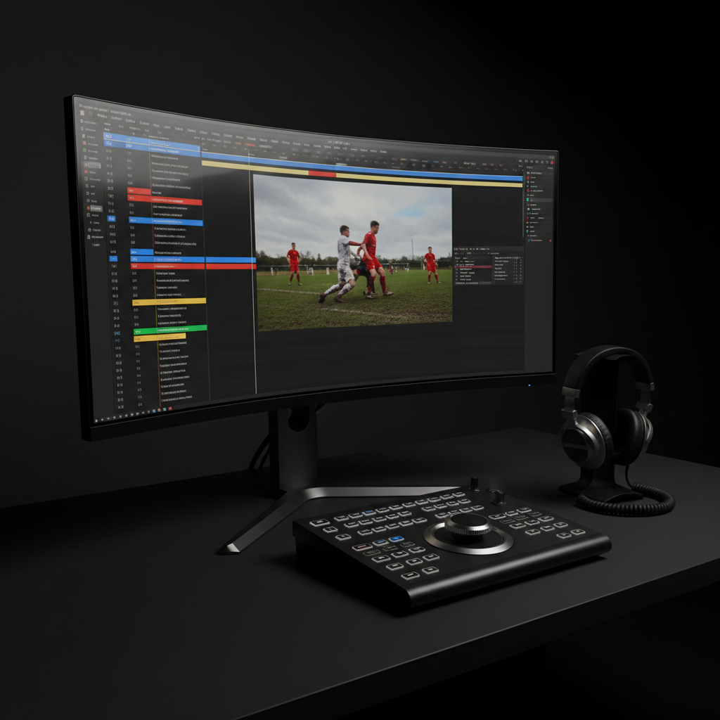 An evening editing workstation set against a dark, minimal background, with a single ultrawide monitor showing a multi-track football video editing timeline, color-coded clips, and a central preview frame of grassroots action, all abstracted without text. A compact control surface with illuminated buttons and a jog wheel sits in front, alongside headphones neatly coiled on the matte-black desk. Focused, cinematic side lighting from the left creates strong contrast, emphasizing the glossy screen and metallic edges of the equipment while leaving the far side of the scene in gentle shadow. Photographic realism, shot at a slight angle for depth. The mood is intensely professional and immersive, capturing the meticulous process of refining video portfolios for referees and players.